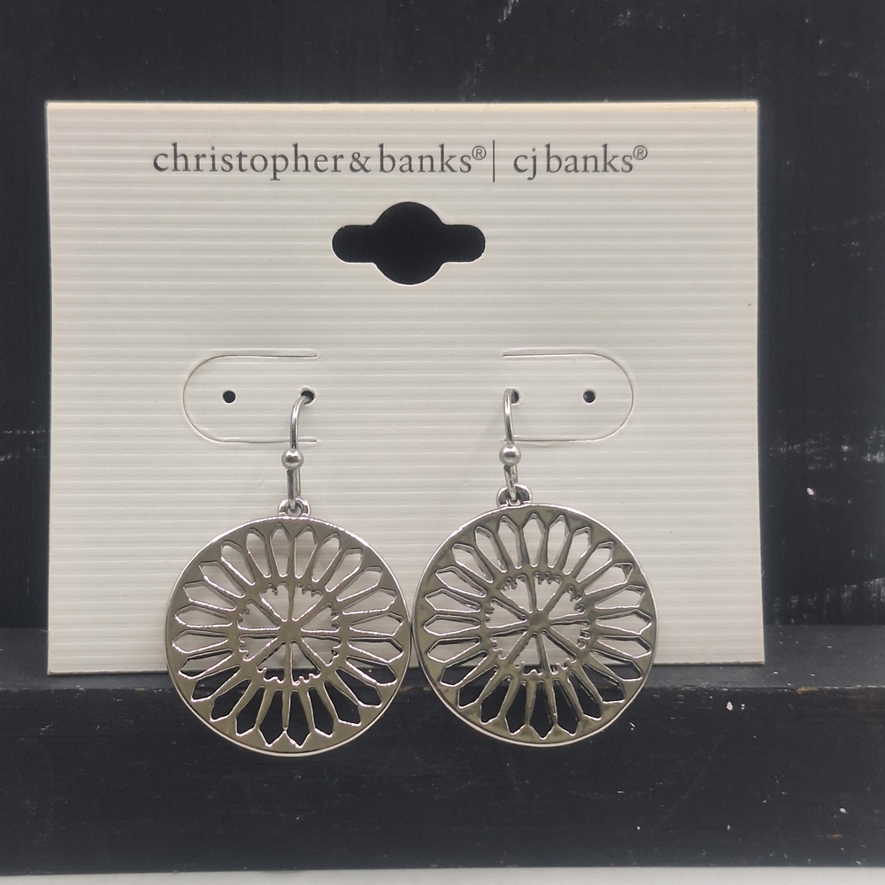 Christopher & Banks Medallion Flower Silver Tone Dangling Earrings